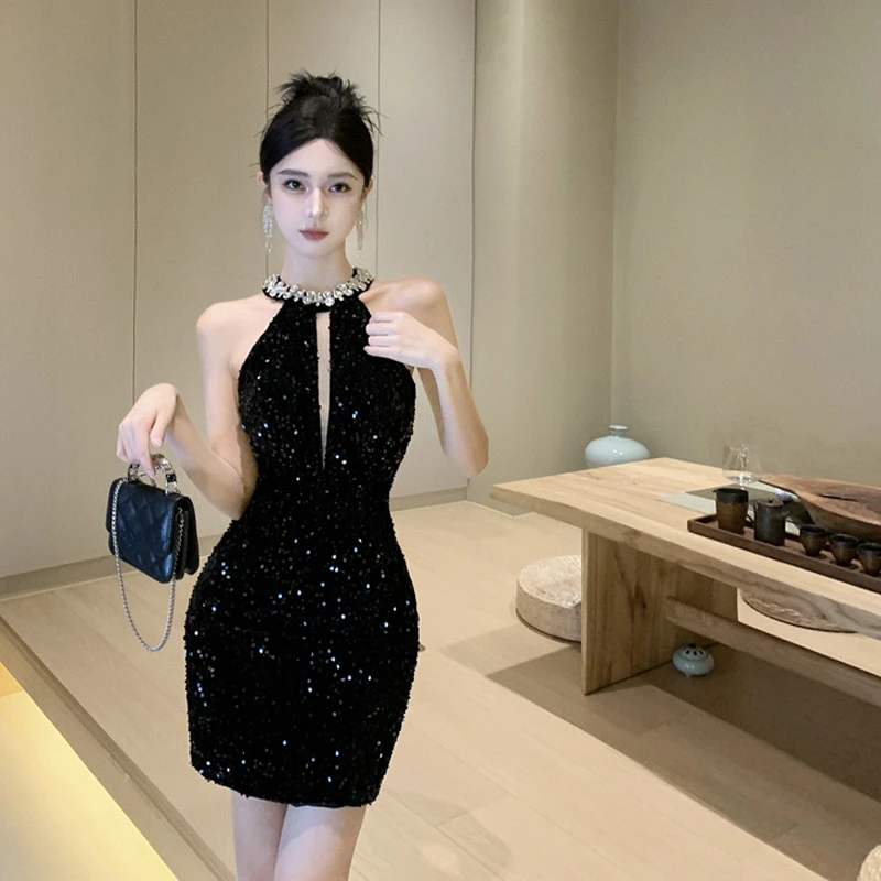 KUSAHIKI Fashion Beads Sleeveless Party Slim Mini Dress Korean Autumn New Halter Hollow-out Dresses 2023 New Spicy Girl Vestidos