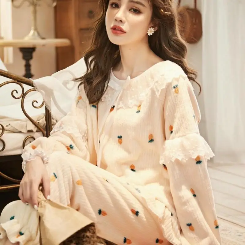 

Women's Pajama Set Comfortable Sleepwear Femme Plush Warm Two-Piece Homewear Fleece-Lined Thickened Girl Nightgown Autumn Winter