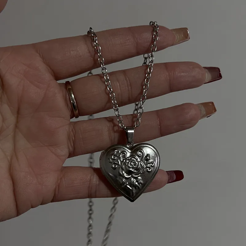 Romantic Heart Locket Pendant Openable Female Silver Color Stainless Steel Photo Frame Charm Necklace for Women Men Jewelry Gift