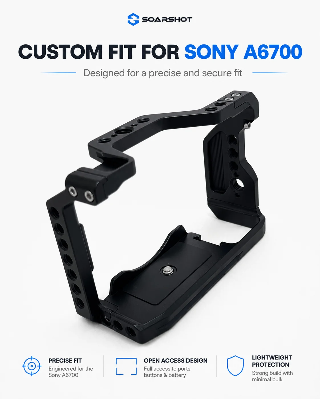 SOARSHOT Kamerakäfig für Sony A6700 CNC Aluminiumlegierung Schutzrahmen mit Cold Shoe und mehreren Befestigungslöchern für Videoaufnahmen – Detail 1