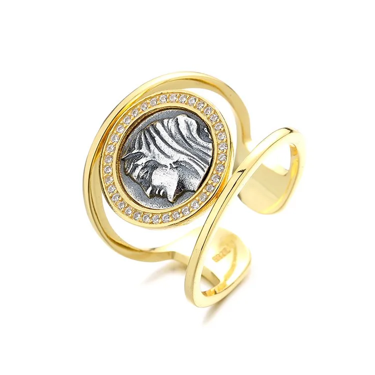 WH-3  ZFSILVER Silver S925 FashionTrendy Luxury Retro Gold Felistis Hieron Ancient Coin Rings  Women Girls Wedding Party Jewelry