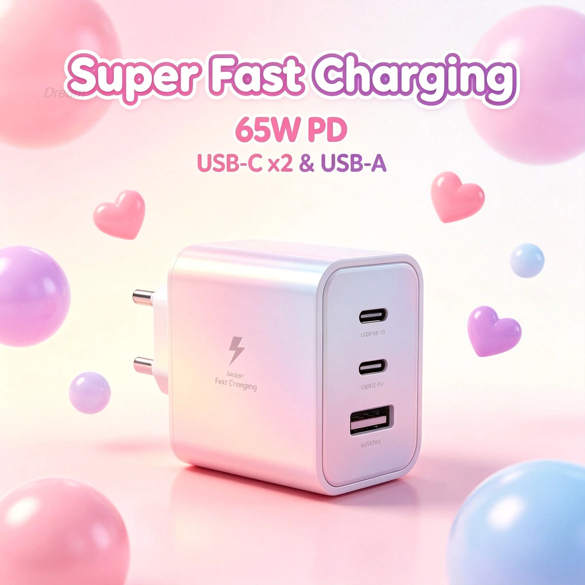 65W GaN Fast Charging Adapter US Plug, Dual Output USB‑C USB‑A Wall Charger Compact Travel Power Block For Smartphone Laptop