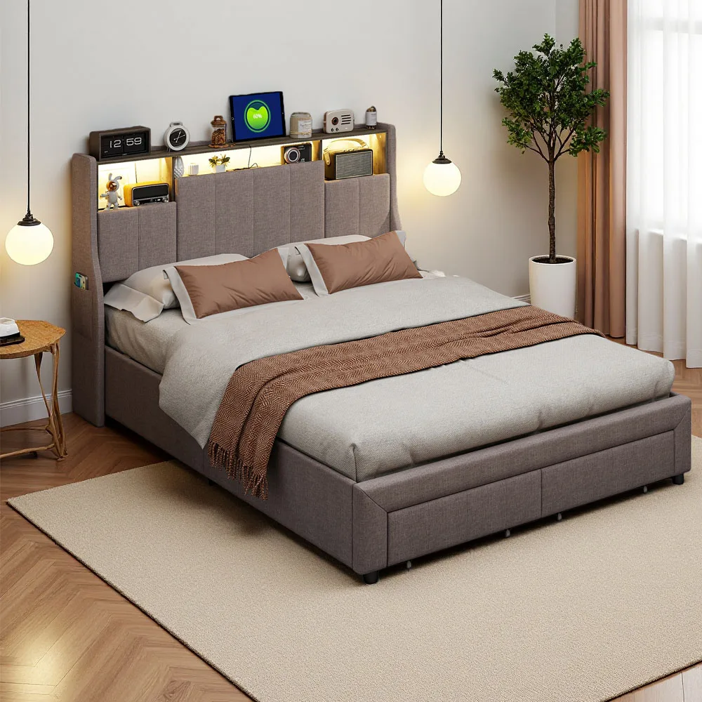 Lit rembourré Superaly 160x200cm/140x200cm, avec tiroirs, tête de lit avec rangement et éclairage LED, meubles de chambre à coucher, cadre de lit, gris