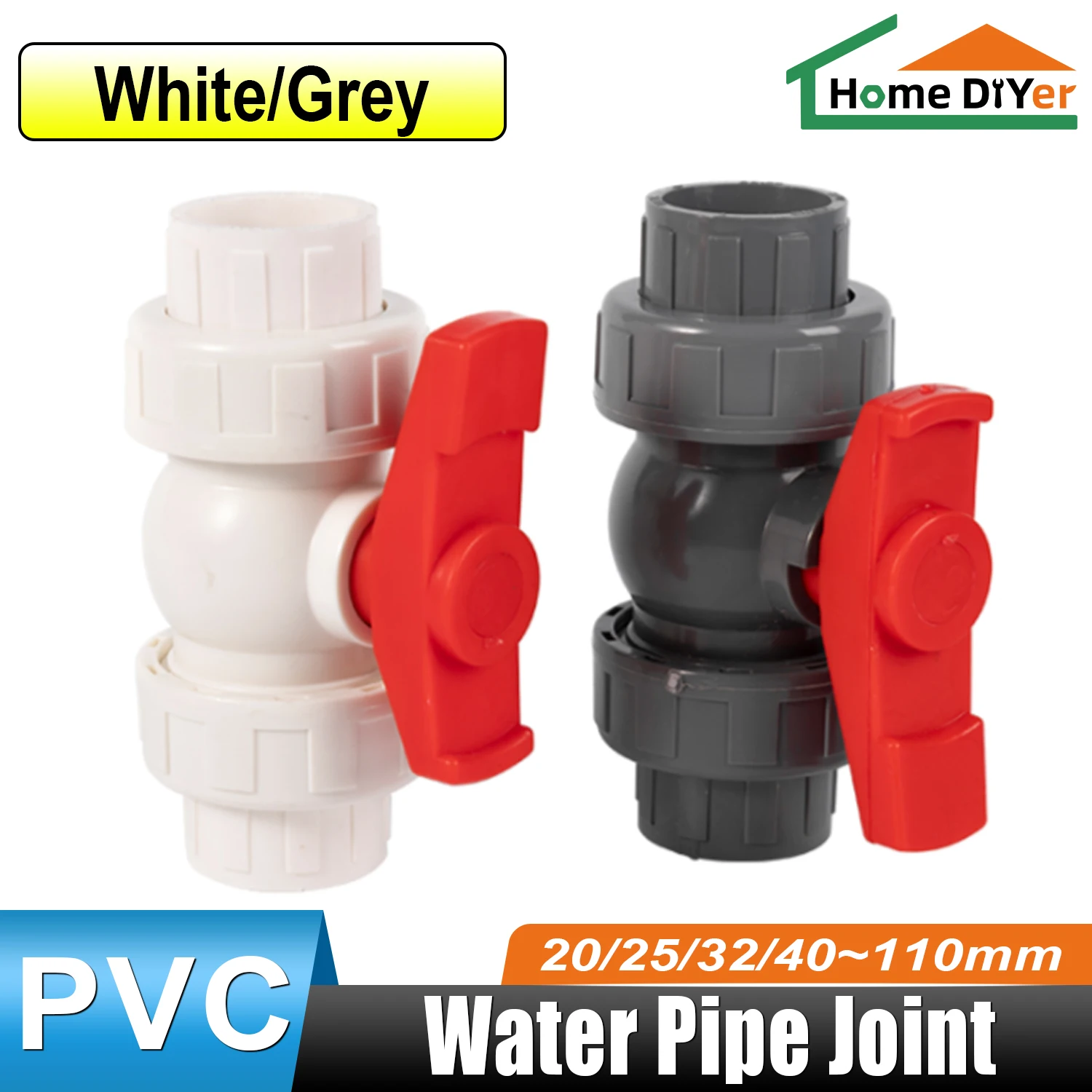 

PVC Double Union Ball Valve, Double Union, Solvent Welding, ID 20-110mm, Gray/White Water Supply And Drainage Control Ball Valve