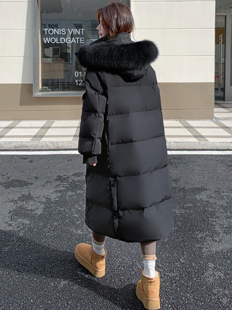 Chaqueta de plumón con cuello de piel de zorro grande Extra gruesa para mujer, ropa cálida y fría extrema de invierno, abrigo acolchado de pato blanco largo holgado de talla grande