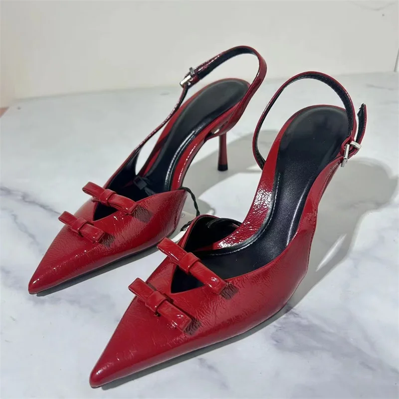 TRAF-zapatos de tacón alto con hebilla de Metal para mujer, tacones de aguja de charol con cabeza de punta Roja, lazos ajustables, tirachinas