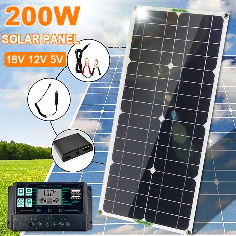 200W 18V Solar Panel Kit 12V Charge Battery With 10-30A Mppt Controller USB Port Solar Cell Battery Power Bank for Phone RV Car