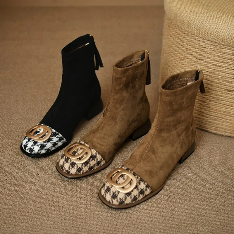 

Women Mid Heels Chelsea Boots Chunky Women Shoes Fashion New Zipper Women Suede Ankle Boots Pumps Walking Punk Warm Sock Botas