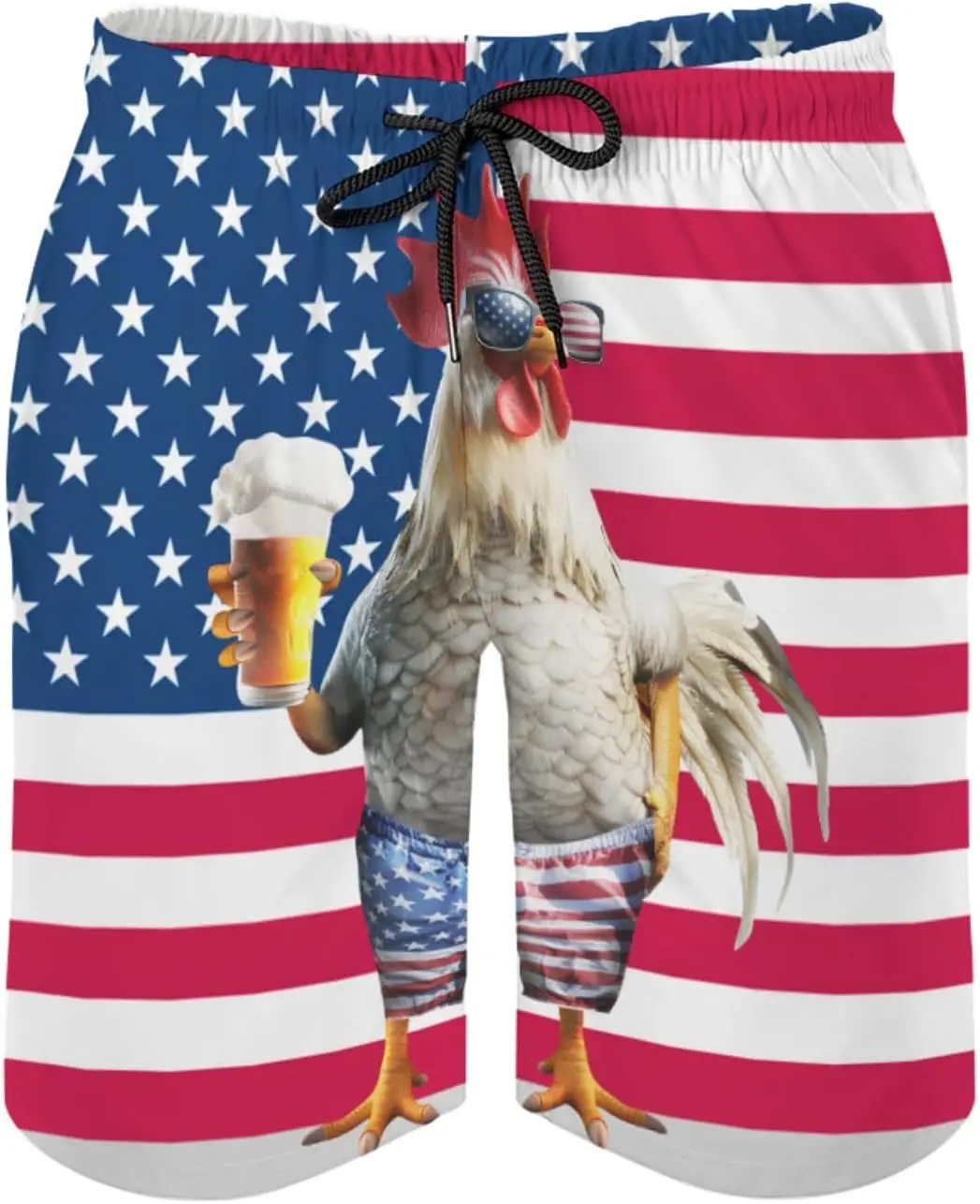 

Funny Rooster Beer Men's Swim Trunks Chicken USA Flag Summer Surfing Shorts Patriotic Bathing Pants with Pockets