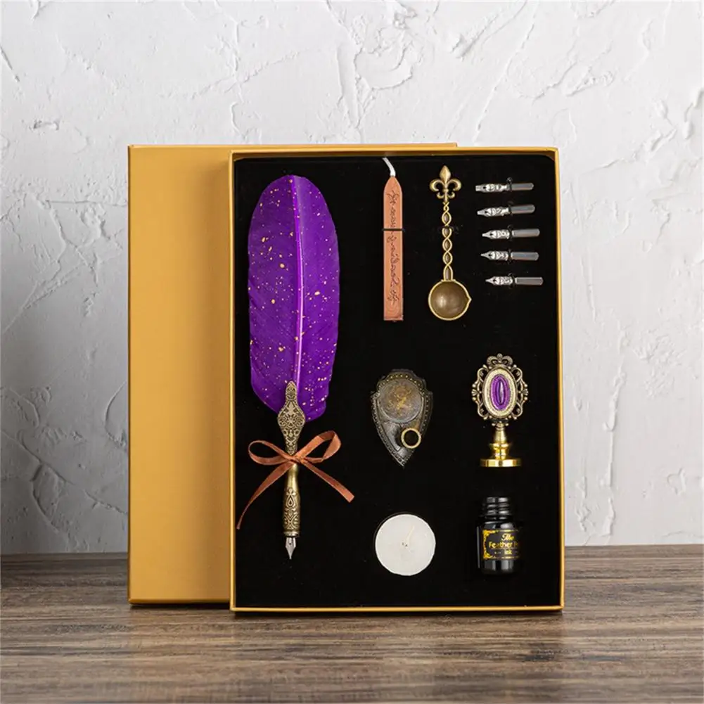 Luxury Fountain Quill Pen Set Vintage Sprinkling Gold Feather Pen Ink Bottle Calligraphy Writing Dip Pen Birthday Gift Box