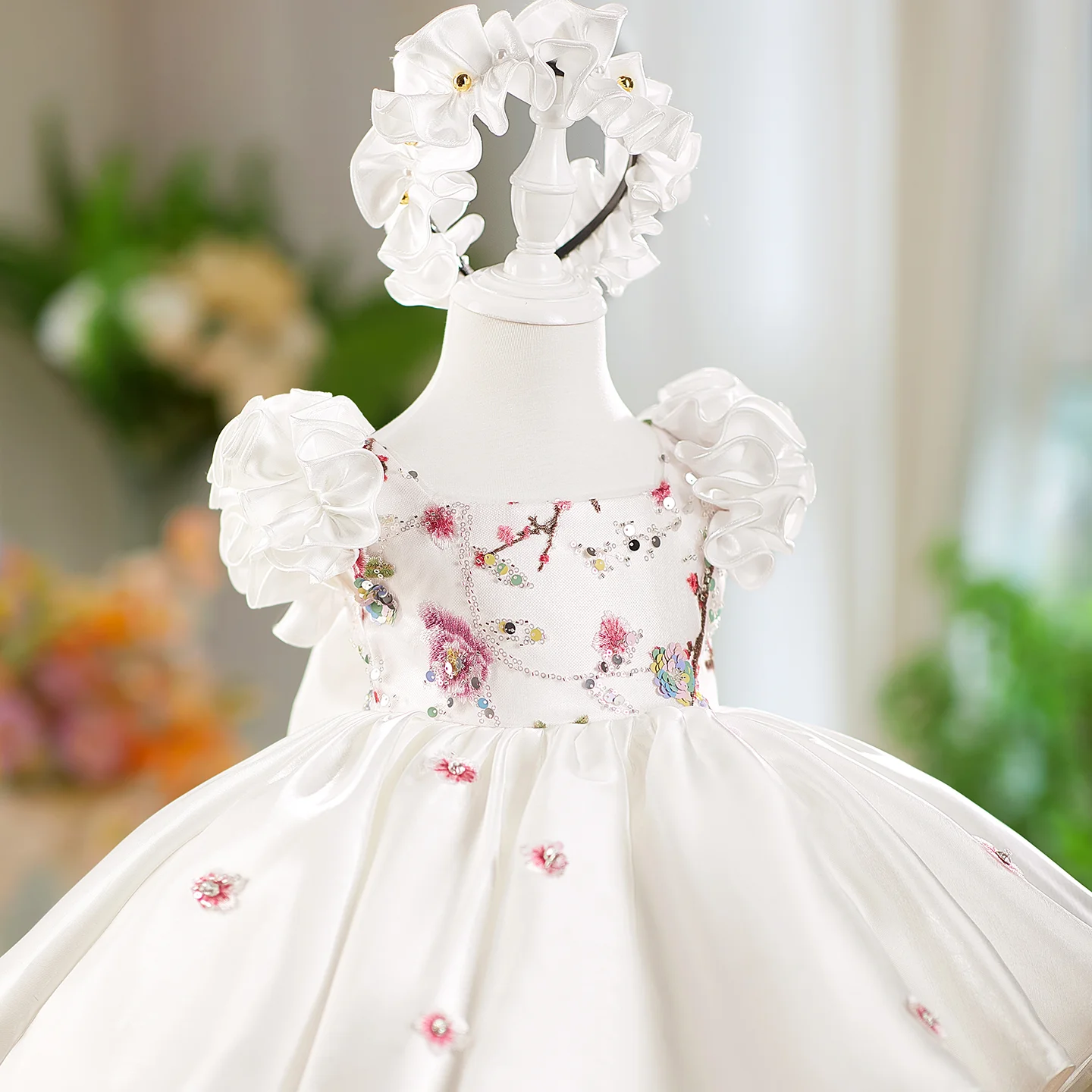 Dreamy Vow J026 Elegante Dubai Abito da ragazza bianco Fiori 3D con fascia per capelli per bambini Matrimonio Compleanno Comunione Festa Spettacolo 2025