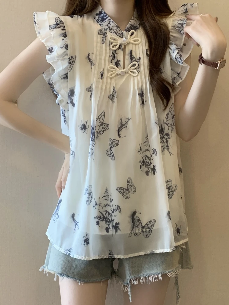 New Chinese Style Women's Summer Oversized Floral Lace Hem Shirt Thinming Belly Covering Silk Chiffon Top Korean Commute Style