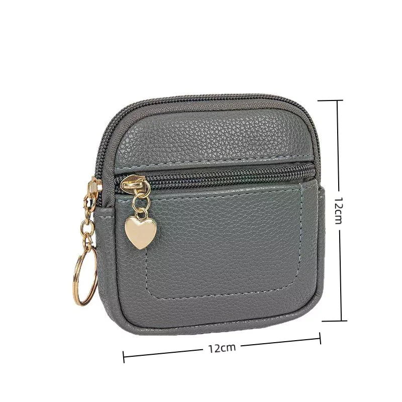 Heart Charm Keychain Leather Coin Purse Small Zippered Wallet for Women Versatile Accessory