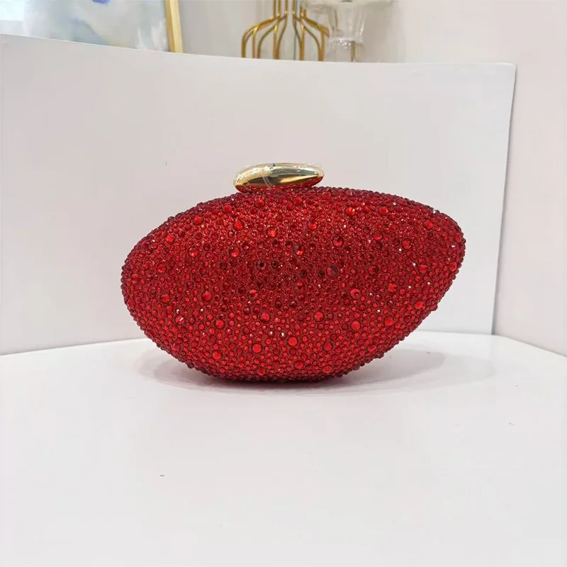Royal Blue Rhinestone Evening Bags Drama Oval Crystal Hard Shell Clutch Metal Lock Gala Party Purse with Detachable Strap