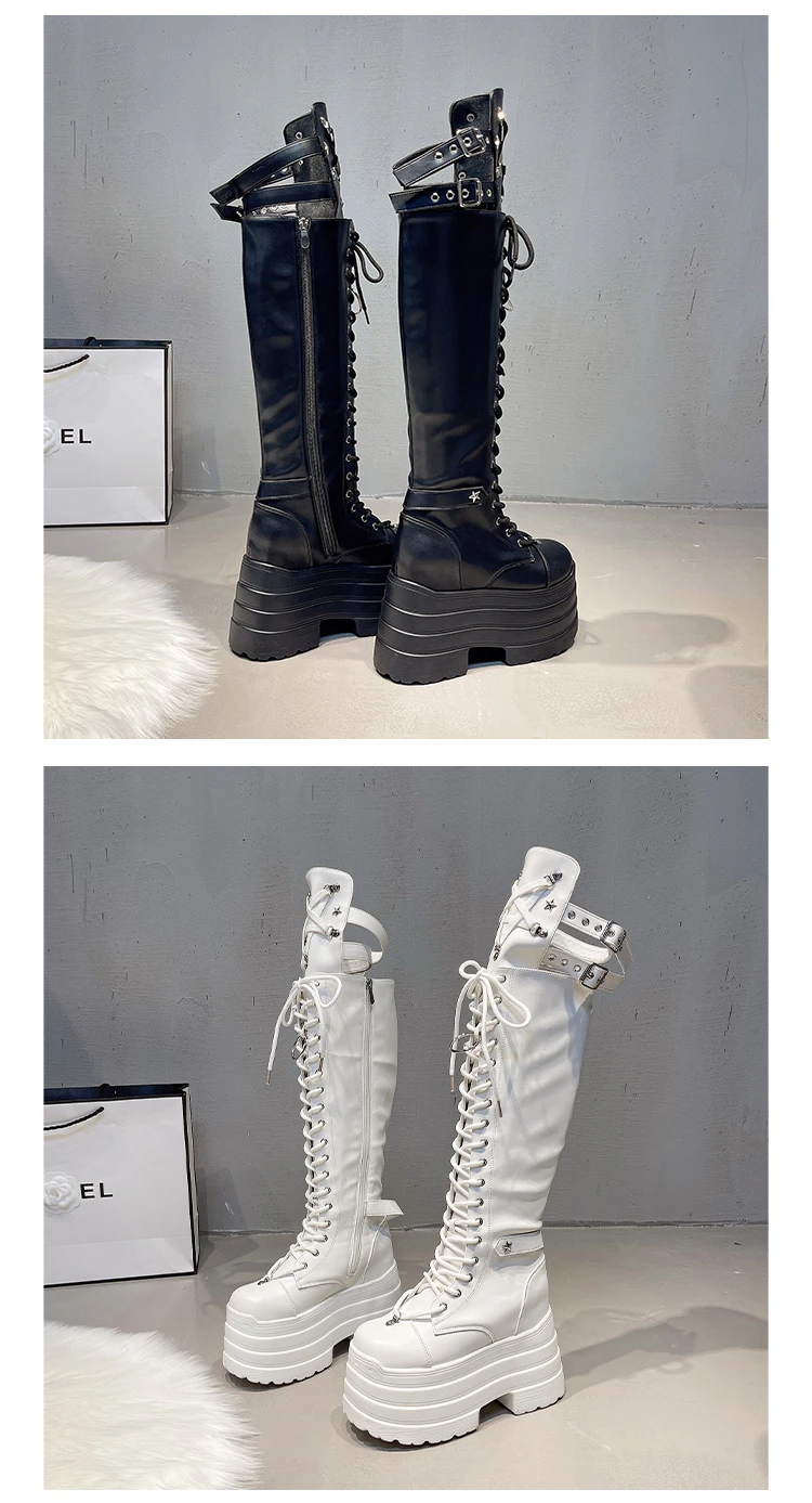 Punk Damenstiefel Cosplay Hohe Stiefel Komfortable Lange Overknee-Stiefel Plateau Hohe Keilabsätze Damenschuhe im Gothic-Stil – Detail 15