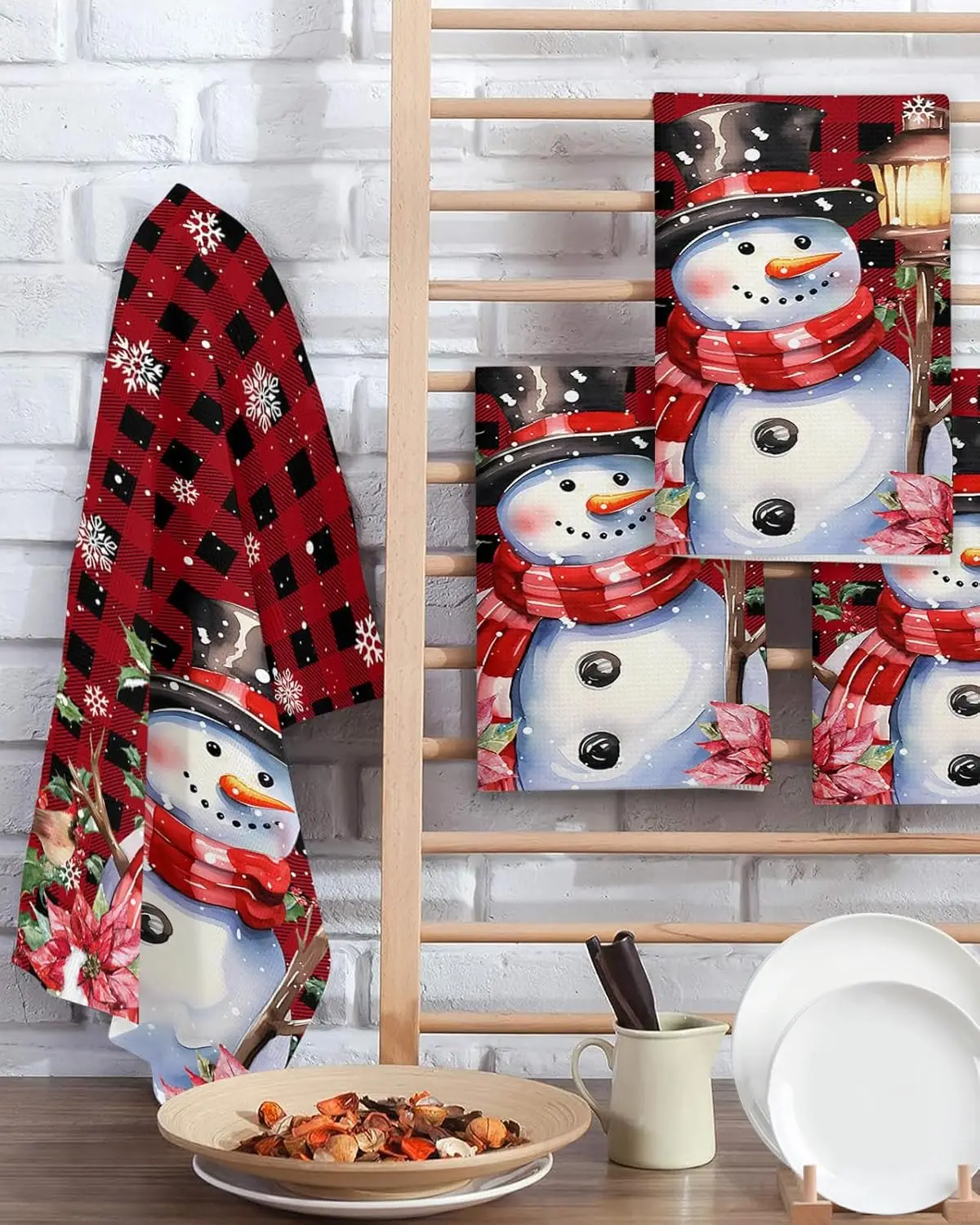 Conjuntos de toallas de cocina a cuadros rojos y negros de muñeco de nieve de Navidad, suministros de limpieza, platos de cocina absorbentes, toallas de té, toallas de mano, decoración navideña