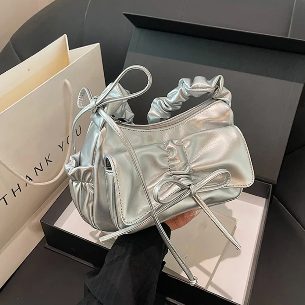 

Elegant French Style Bowknot Shoulder Bag Ruched Pu Leather Bow Underarm Bag Solid Color Fold Strap Pleated Drawstring Bag Women