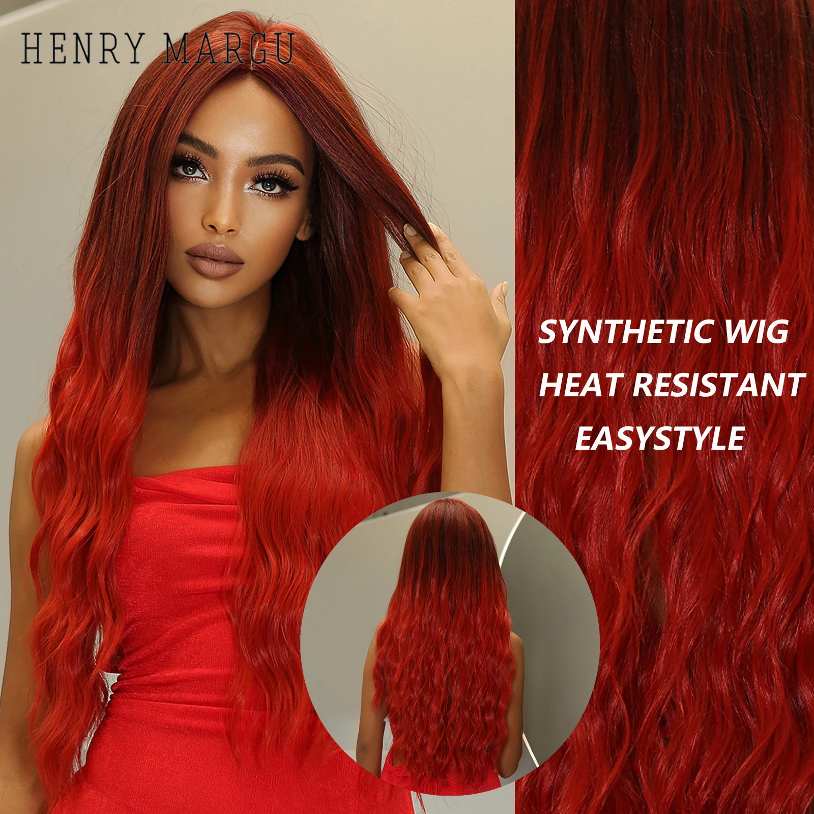 HENRY MARGU Long Wavy Red Ombre Synthetic Wigs Middle Part Natural Hair for Black Women Heat Resistant Cosplay Christmas Wigs