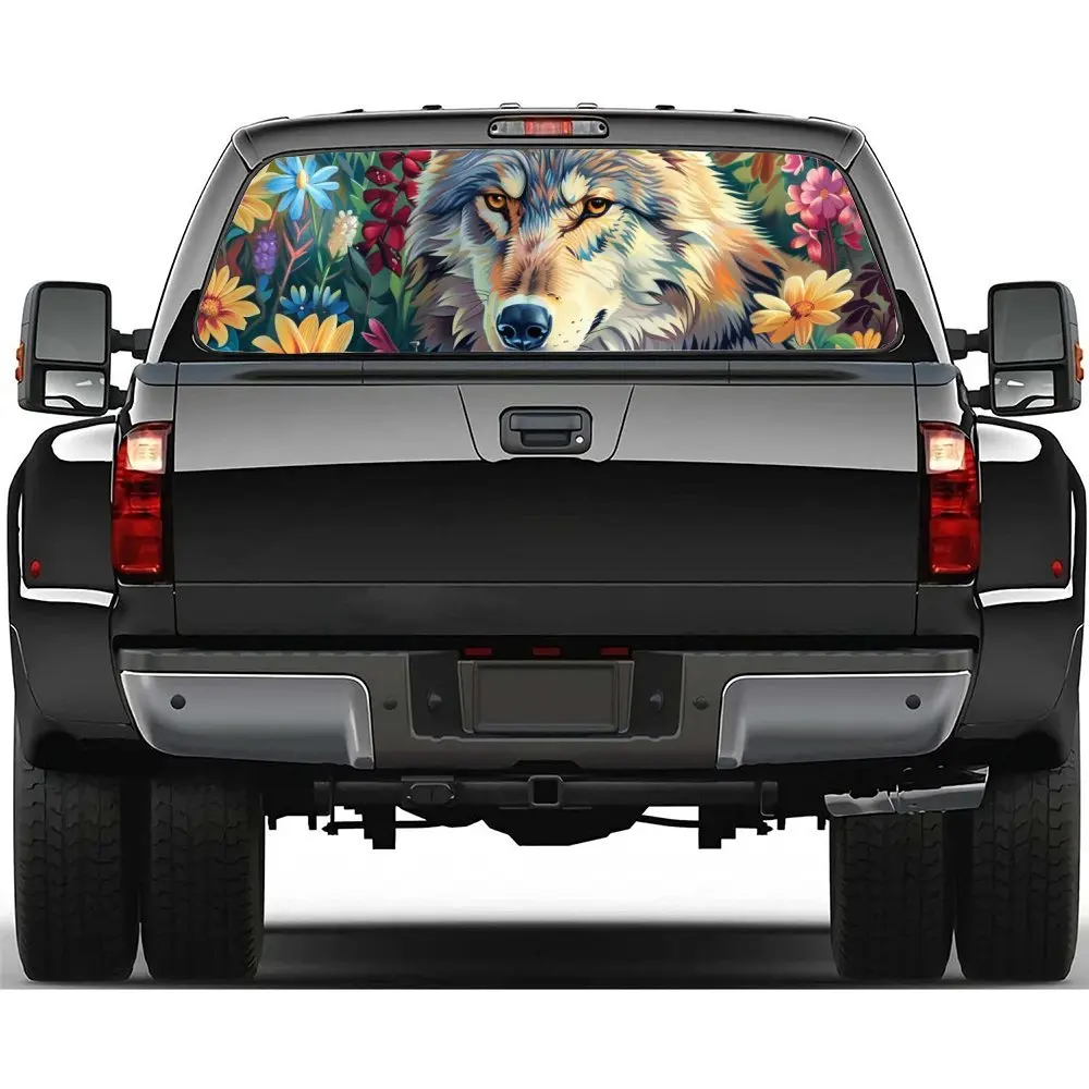 

A wolf in the flower bushes Car rear windshield sticker Truck window perspective perforated rear window vinyl decal decorative g