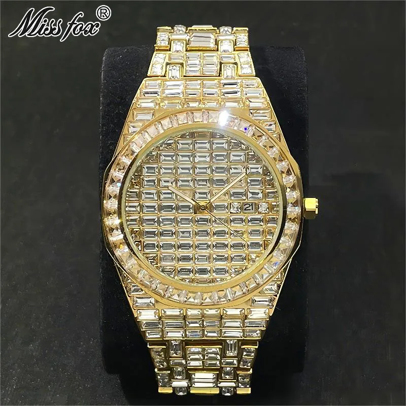 Luxury Iced Gold Watches Men MISSFOX Automatic Date Fashion Quartz Clock Hip Hop Square Diamond WristWatch Man Gift Dropshipping