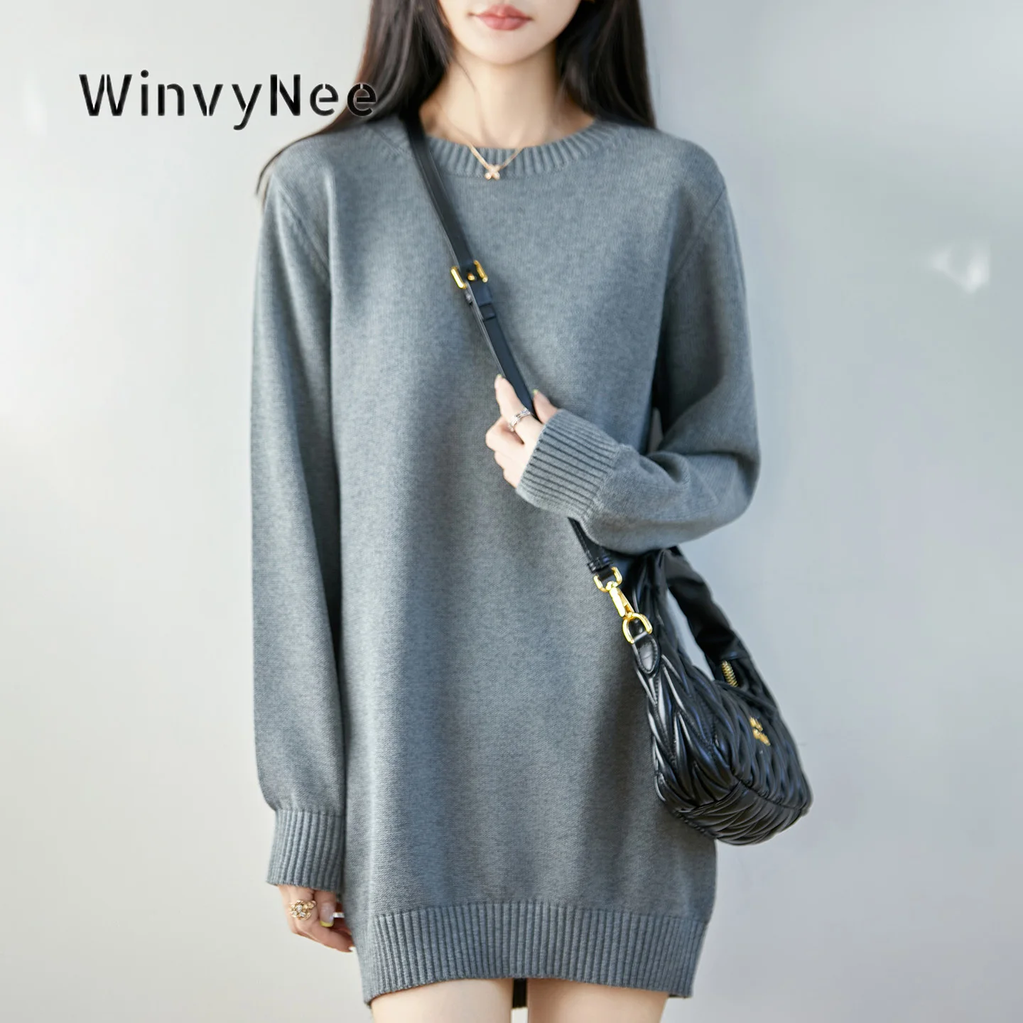 WinvyNee Women Crew Neck Knit Jumper Pure Cotton Mid‑Length Stylish Blouse Trendy Spring For Autumn Daily Clothing ZA1092038