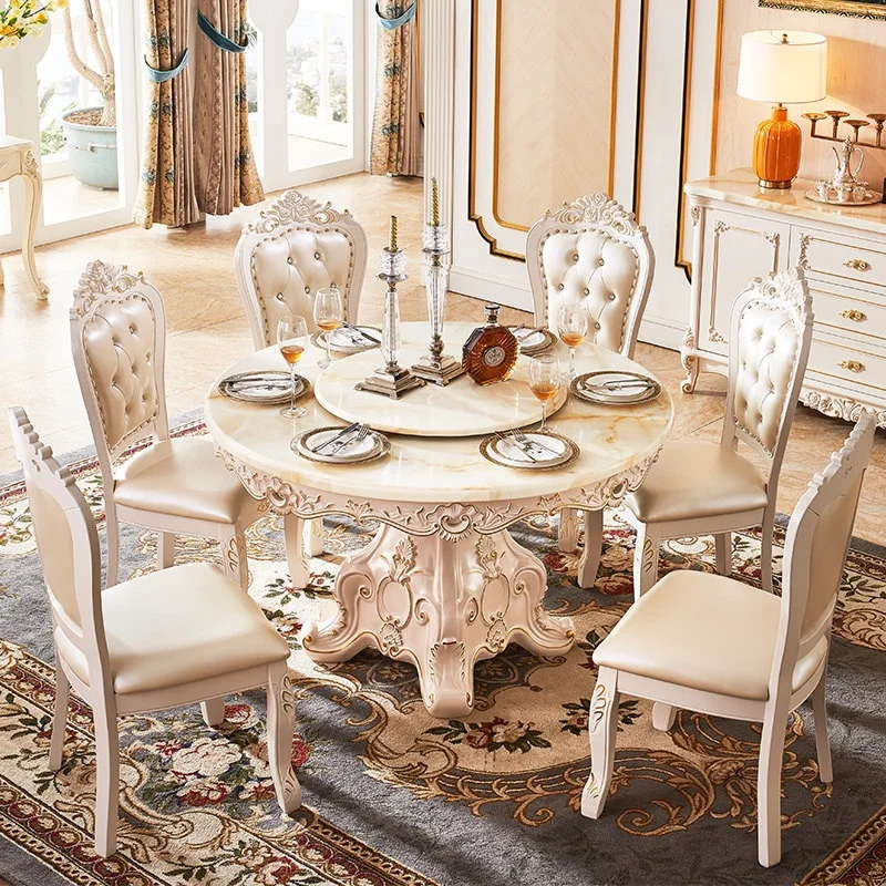 #European Antique Round Dining Table with Marble Inlay Rotating Plate 6-Seater for Apartments Villas Hotels Home Furniture