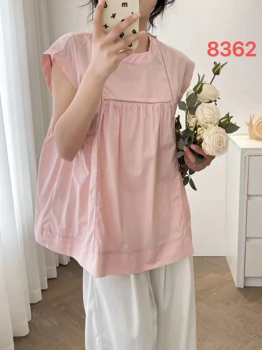 New Summer Cotton Short Sleeve Shirt O Neck  Solid Tops Mori Girl Casual Loose Commute Japan Style Blouse 2024 Autumn T47208QC