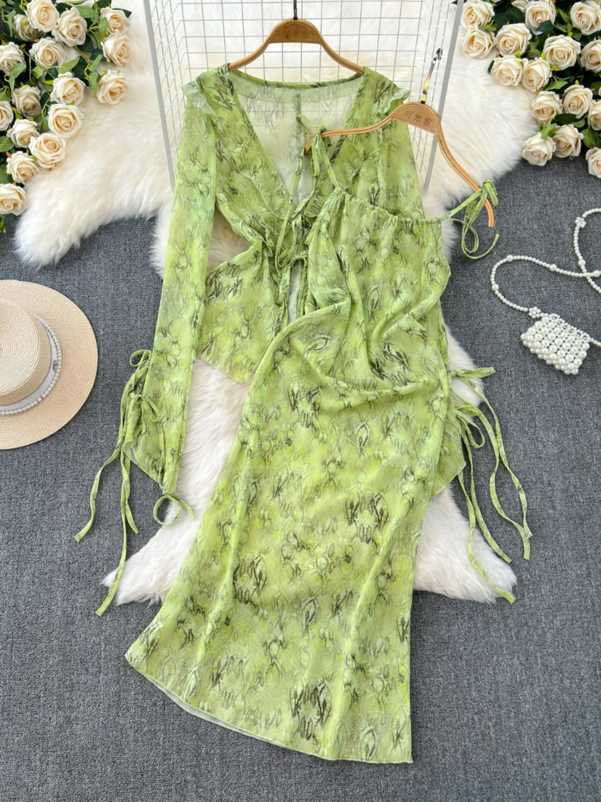 Ele Summer V-Ne Long Sve Wrap Dr Set Женский пляжный комплект из двух предметов с завязками на талии Юбка с подтягивающим кроем