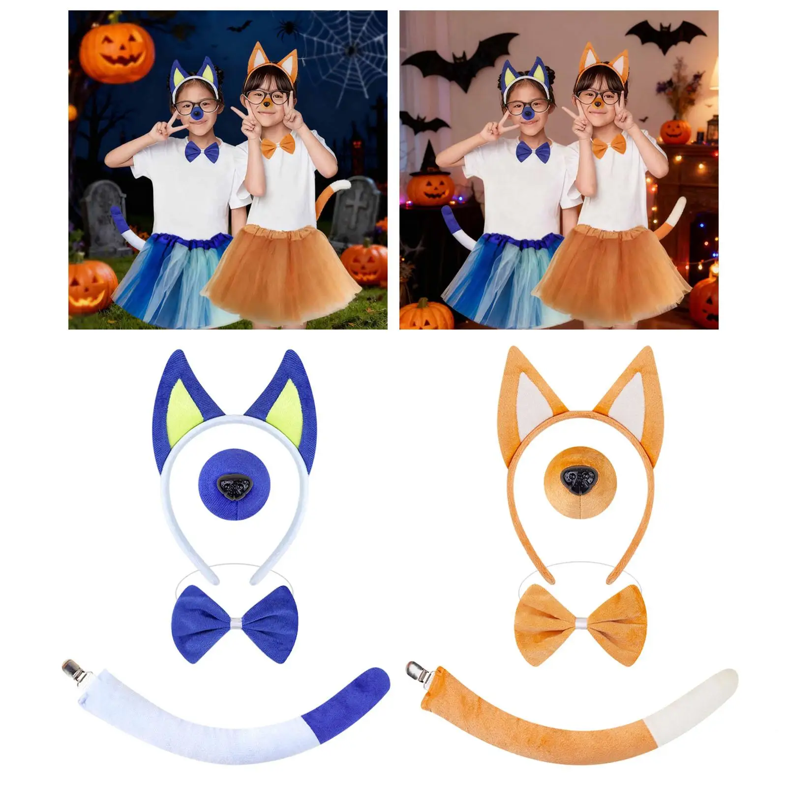 Hondenoren en staart Set Hoofdband Neus Vlinderdas Staart voor Fancy Party Halloween