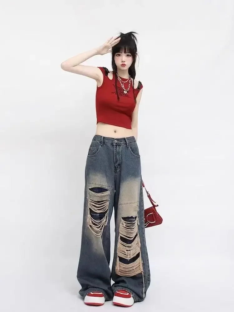 2024 Sommer High Taille Design Sinn zerrissene Jeans für Frauen schlanke lose Tropfen weites Bein Hosen für Frauen Hosen