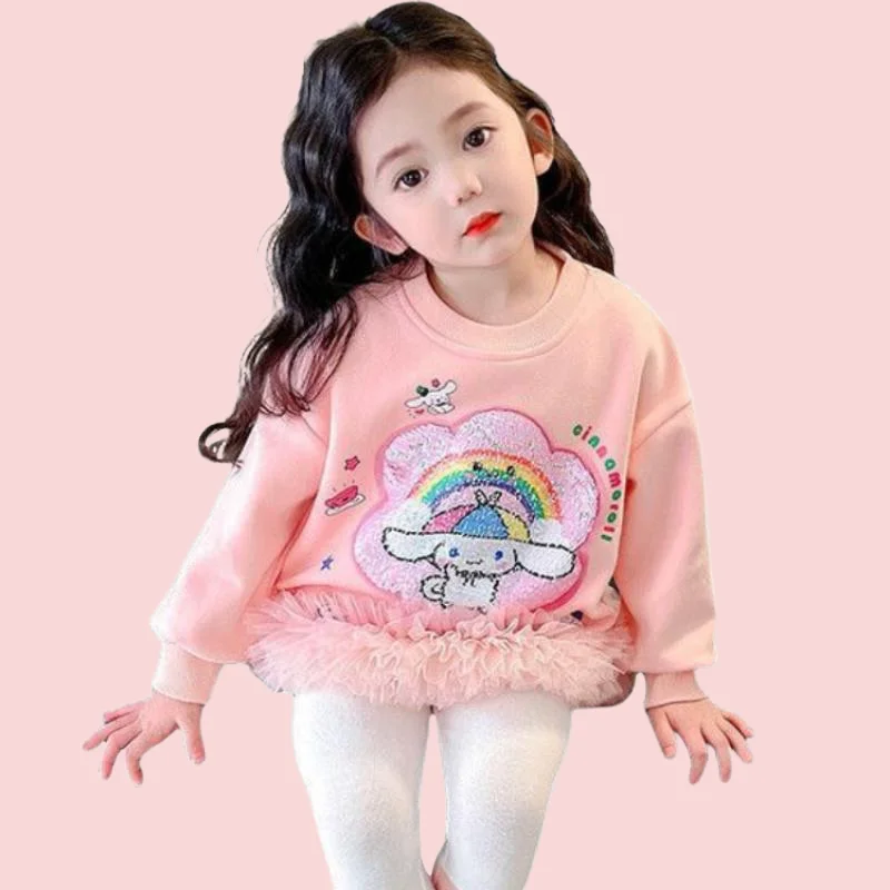 Sanrio สาวร้อน Sequins Hoodie เสื้อกันหนาว Kuromi Hello Kitty Cinnamoroll Kawaii ฤดูใบไม้ผลิและฤดูใบไม้ร่วงเสื้อยืดสไตล์ใหม่การ์ตูนของขวัญ