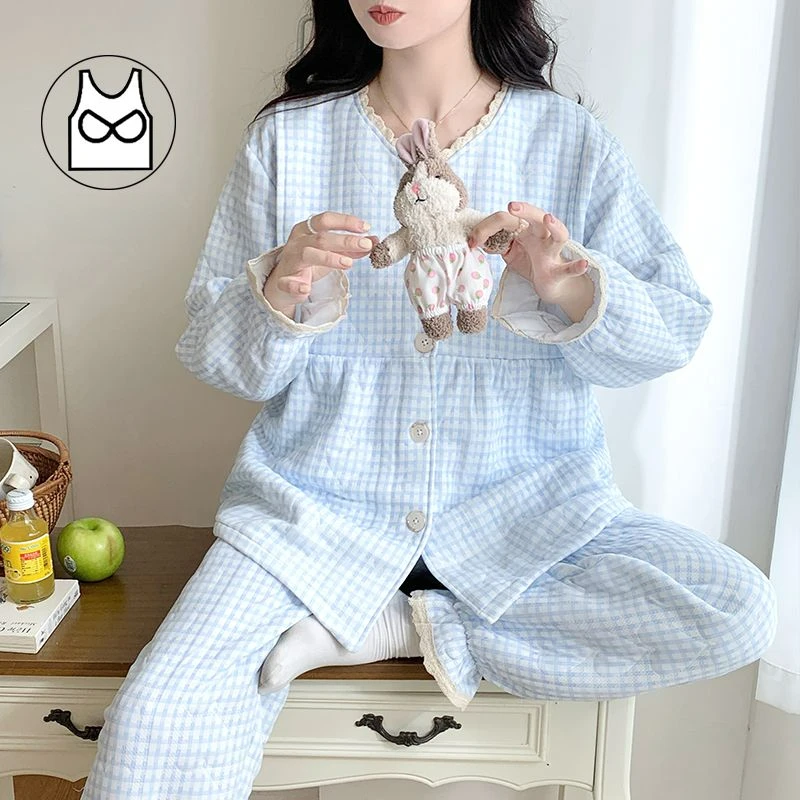 2024 Air Cotton with Chest Pad Month Dress Spring Autumn Postpartum Winter Maternity Pajamas Women Nursing Nursing Home Wear