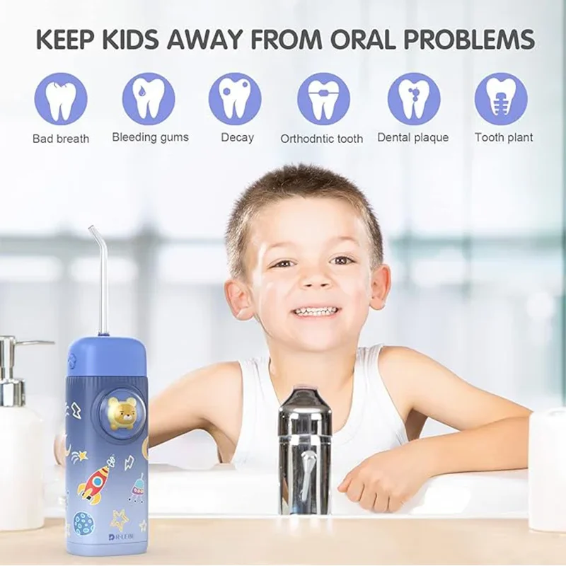 

Kids Electric Oral Irrigator Portable Mini Water Flosser Cordless for Teeth Cleaning Gums Braces Care Rechargeable 4 Tips 2 Mode