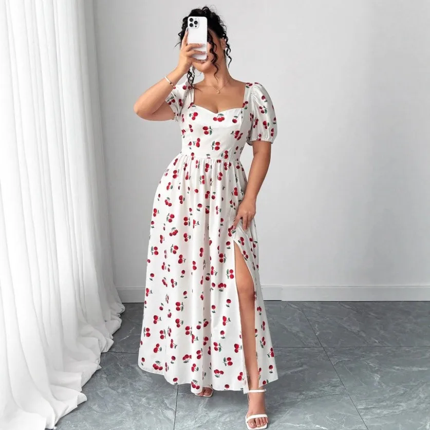 Sommerkleid für Damen mit Kirschdruck, Kurzarm-Kleider mit Puffärmeln, Hochgeschnittenes A-Linien-Kleid mit Gerafftem Rücken, Midi-Kleid, Damen-Maxikleid