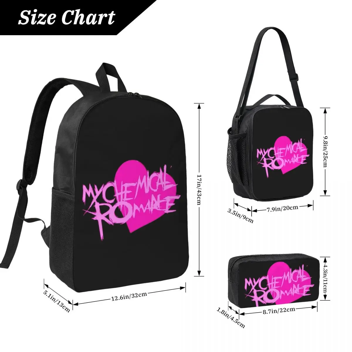 Rock MCR My Chemical Romance Zaino Ragazzi Ragazze BookBag Borsa da scuola Borse a tracolla per computer Borsa da pranzo isolata 3ps Astuccio