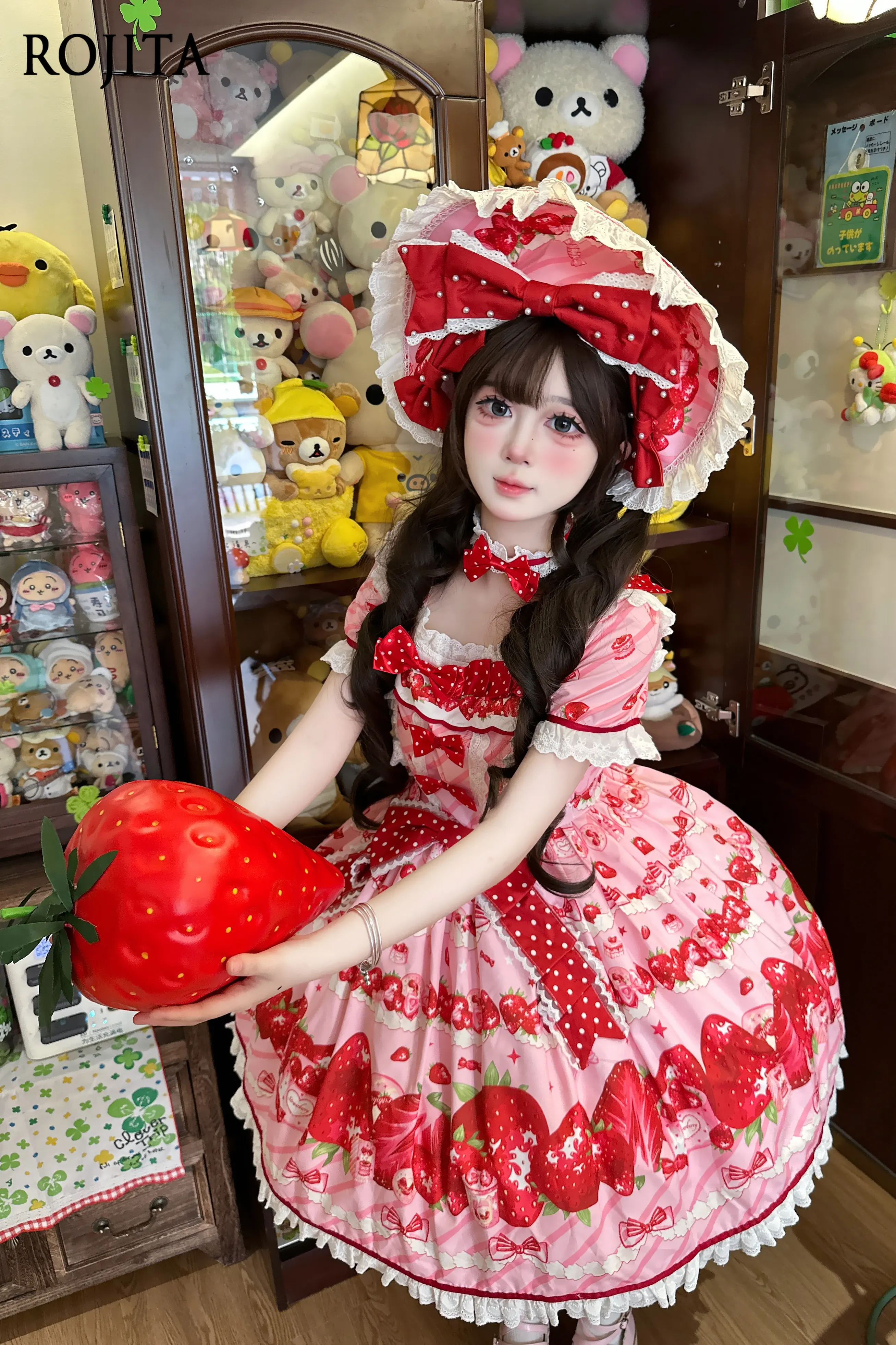 

Women's Pink Lolita OP Dress Sweet Strawberry Print Short Sleeve Dress 2026 Spring and Summer Girls Slim Cute Princess Dresses