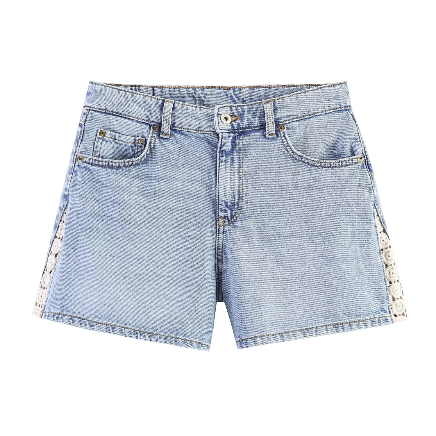 

European and American style summer new arrivals women's casual metal button zipper mid-rise patchwork denim shorts