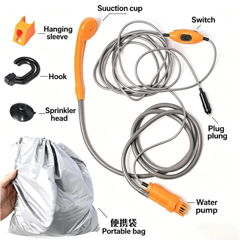 Portable 12V 24V Car Shower Outdoor Camping Travel Shower Cigarette Lighter Powered Car Washer for Car Washing Cleaning Tool