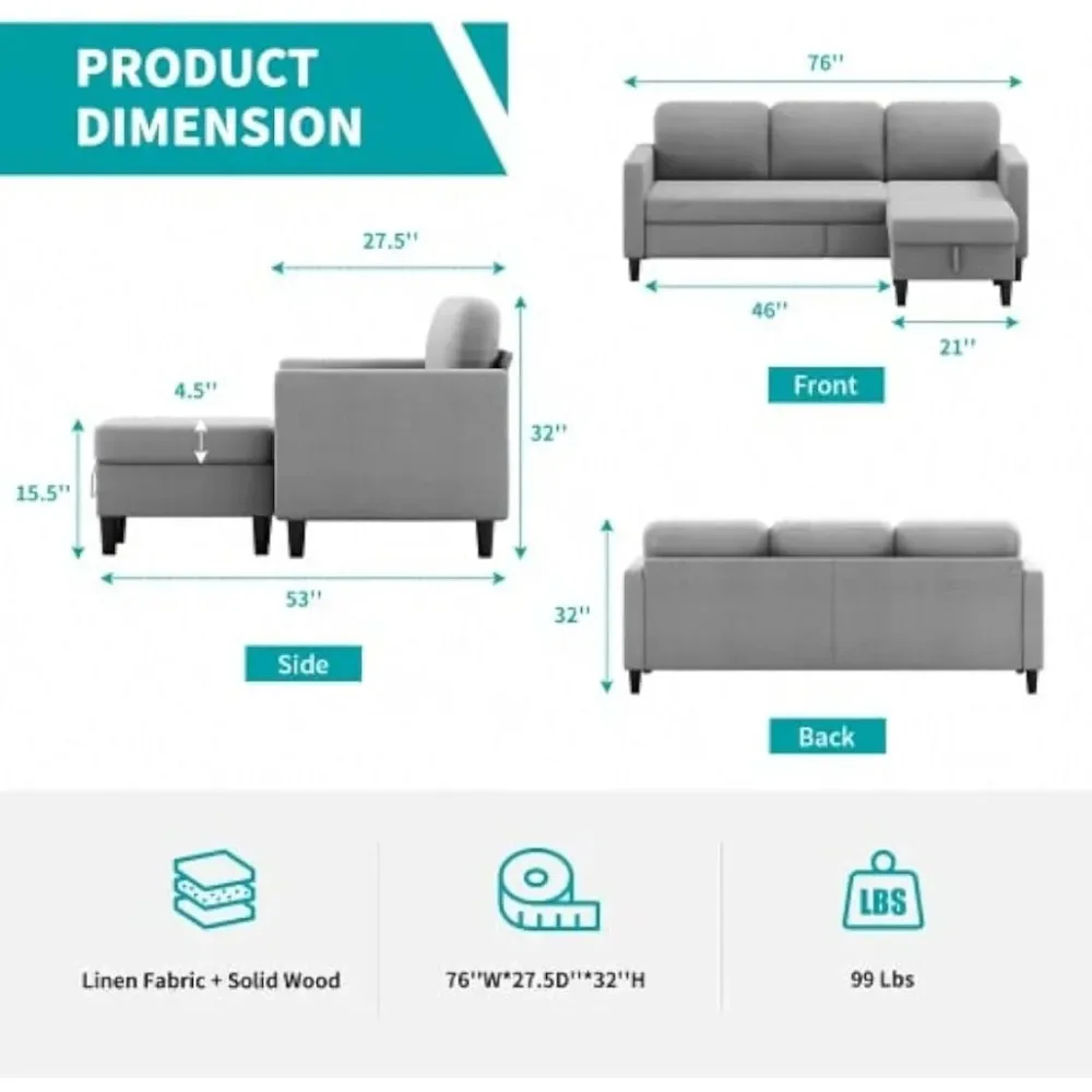 Convertible Sectional Sofa Couch, 3-Seat L-Shaped, Modern Design for Living Room and Office Spaces, Comfortable and Versatile