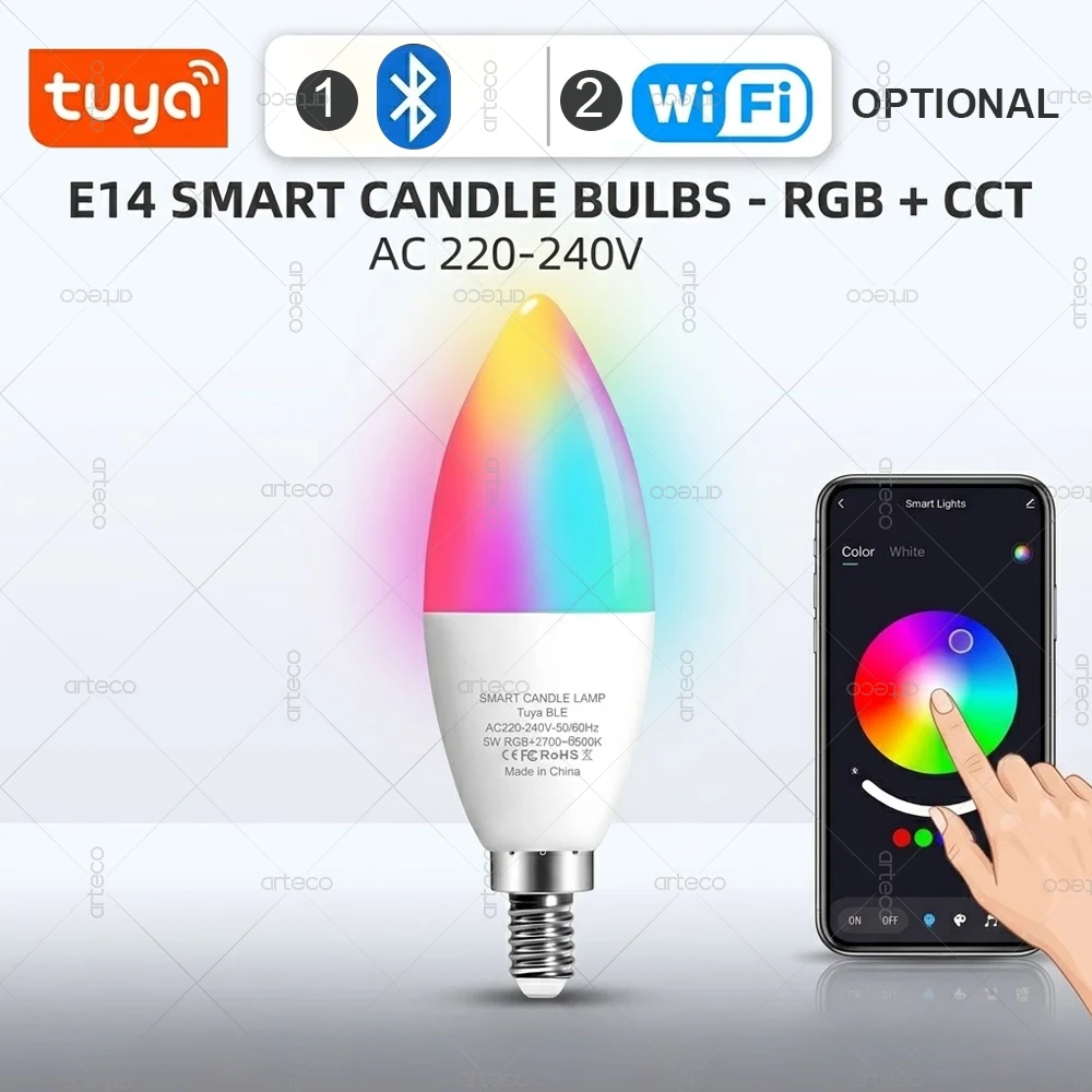 

Tuya WiFi Bluetooth E14 LED Smart Candle Bulb RGBCW Dimmable Lamp 220V-240V Smart Life APP Voice Control via Alexa Google Home