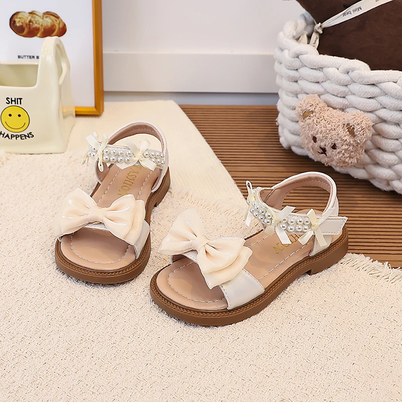 Girls Sandals Open Toes Soft Bottom Kids Beach Shoes Sweet Bows Non-slip 2026 Summer New Children Princess Shoes Casual Trendy