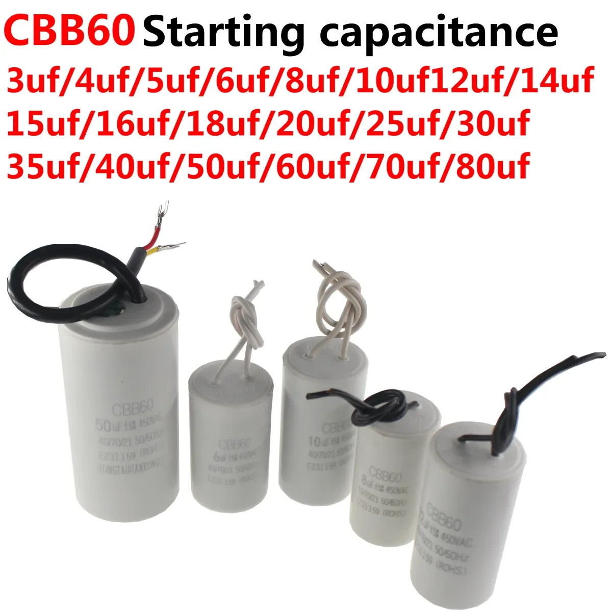 Começando o capacitor da corrida do motor, máquina de lavar começando, CBB60, 450V, 5UF, 10UF, 15UF, 20UF, 25UF, 3, 4, 5, 6, 8, 12, 14, 16, 18, 30, 35, 40, 45, 50, 60, 70, 80 UF