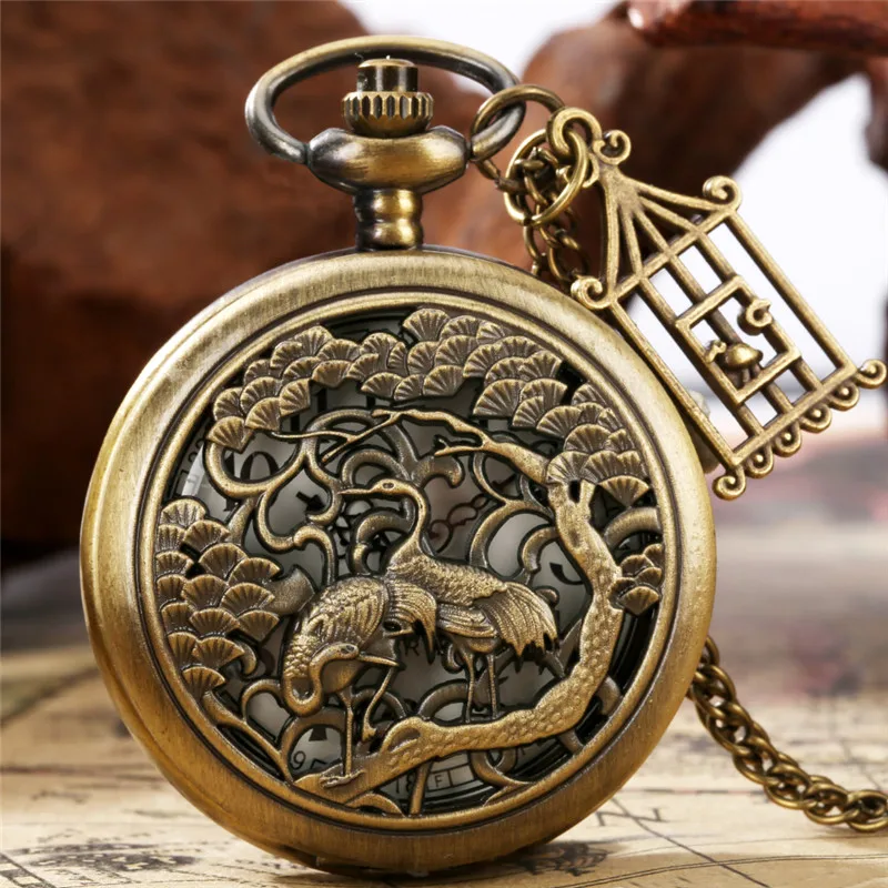 Bronze Hollow-Out Crane Design Men Women Pocket Watch Quartz Movement with Pendant Cage Half Hunter Timepiece with Chain Gift