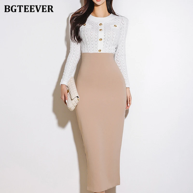 

BGTEEVER Elegant Slim Laides Outfits O-neck Single-breasted Knitted Pullovers Female Package Hip Skirts Women 2 Pieces Set