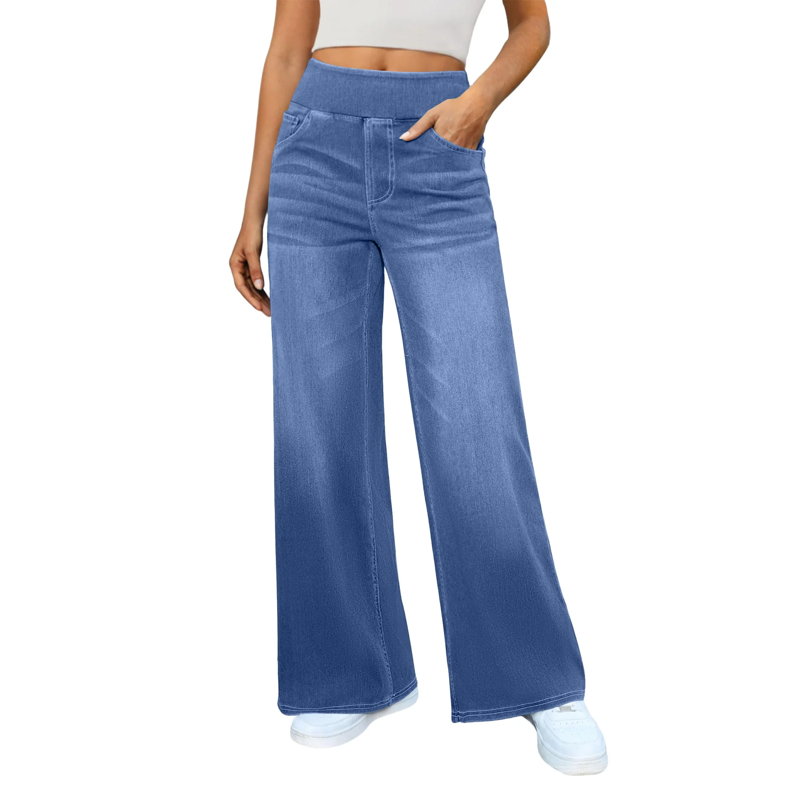 High Waisted Slimming Jeans Wide And Loose Wide Leg Jeans Spring And Autumn Women'S Jeans Pocket Elastic Waist Jeans
