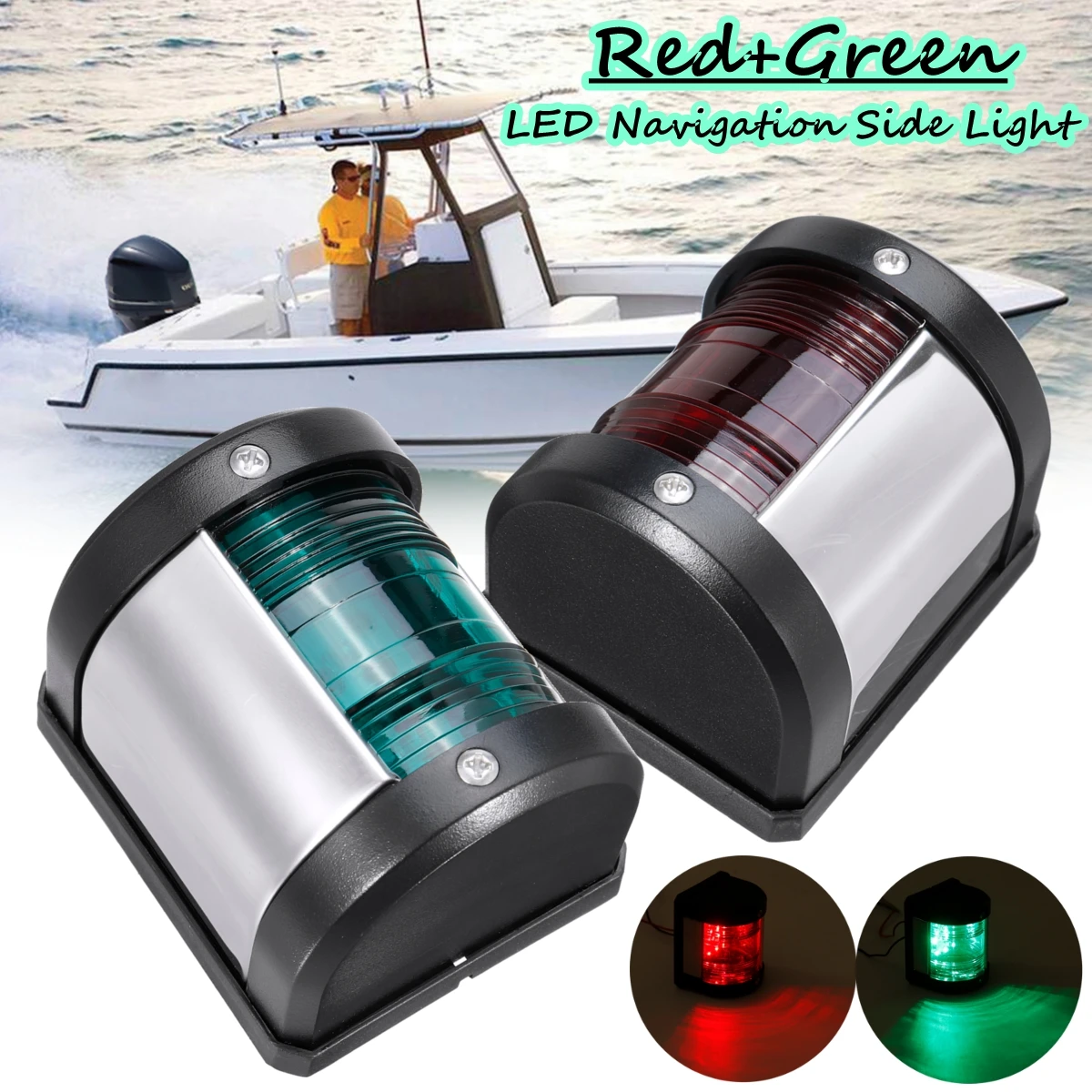 Par de luces LED de navegación de arco de acero inoxidable, 12V, lámpara de señal de vela roja y verde para barco marino, luces de advertencia para yate