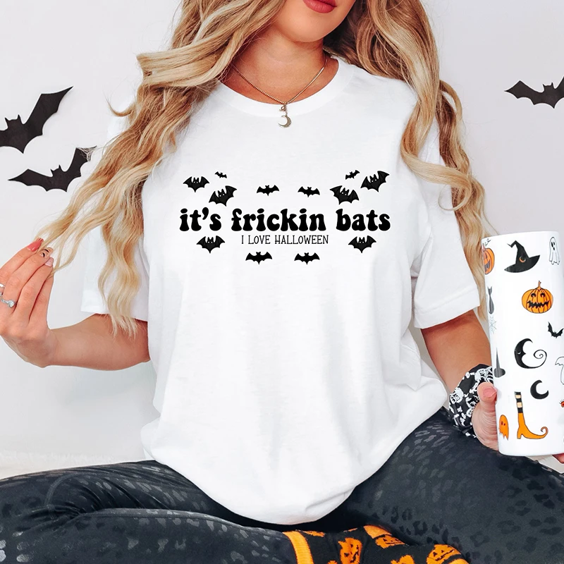 

It's Frickin Bats Funny Goth Clothes Harajuk Dark Hell Black Colour Cotton T Shirts Women Y2k Women T-shirts Streetwear Outfits