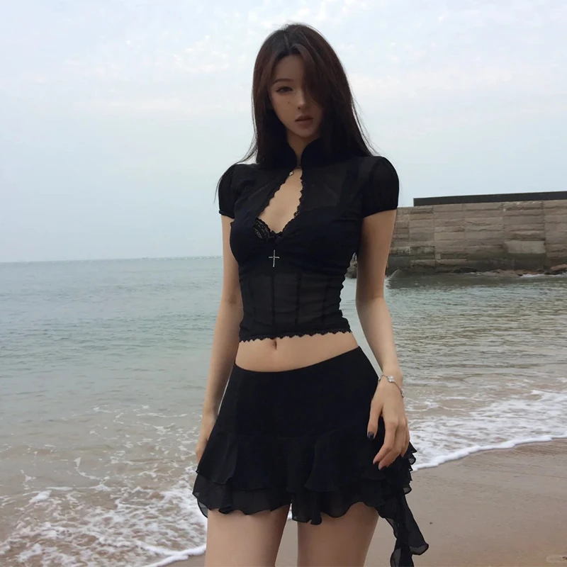 Y2K 미국 섹시 핫걸 투피스 수트 여성용 속이 비치는 레이스 메쉬 셔츠 불규칙 미니 셔츠 레트로 패션 캐주얼 스커트 수트