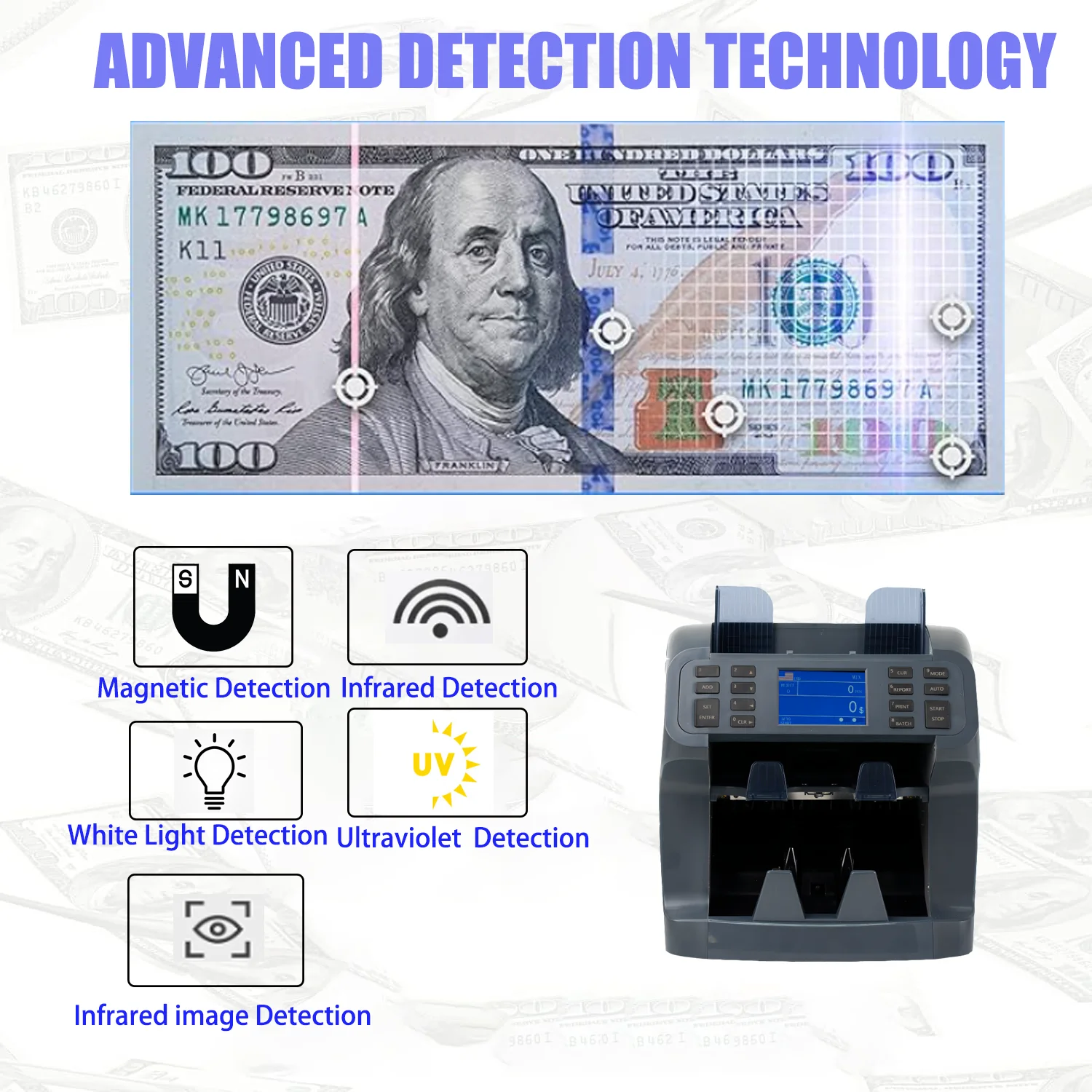 HUAEN H-8900 Licznik pieniędzy Wartość mieszana z sortownikiem, licznikiem rachunków, wykrywaczem IMG/WL/UV/MG/IR, sortowanie i wbudowany druk
