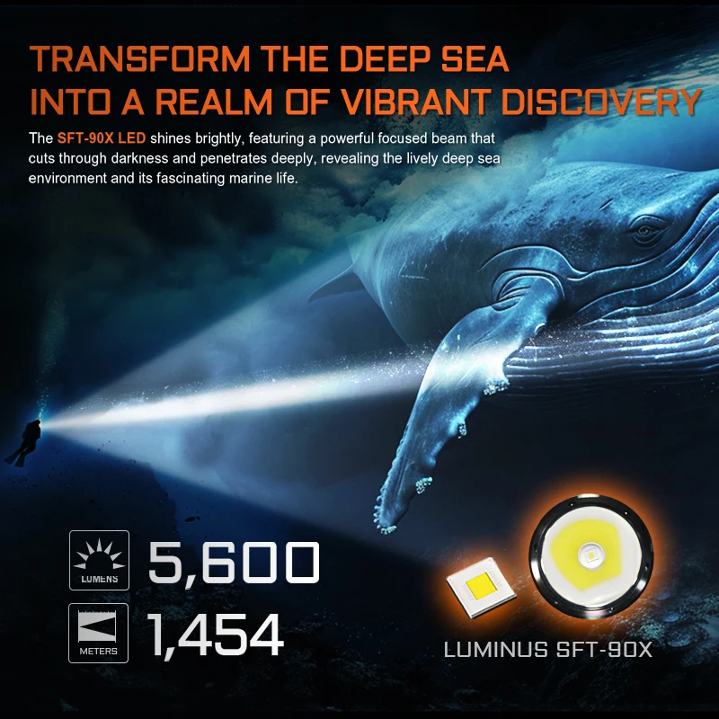 ACEBEAM D30 Diving Flashlight SFT-90X Flashlight 5600 Lumen 1454 Meter Beam Distance Diving Depth 100m 2 X 21700 USB-C Battery